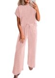 KIRUNDO Spring Summer Sets Women 2 Piece Outfits Casual Ribbed Knit Short Sleeve Top Wide Leg Pants Lounge Set Travel Airport(Pink, Large)