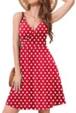 WEACZZY Womens Dresses Summer Casual Spaghetti Strap V Neck Flowy Mini Polka Dots Dress Boho Beach Cover Up, White Dot Red, M