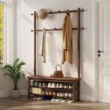 AQIMUELE Appendiabiti a 3 Ripiani, Attaccapanni Portabiti in Legno con Panca, 11 Ganci, per Corridoio Camera da Letto, Stile Moderno, 30 x 100 x 170 cm (Noce)