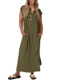 KIRUNDO Womens Summer Dresses 2026 Spring Ribbed Knit Henley Short Sleeve Maxi Dress Button Up Loose Beach Vacation Sundress(Army Green, Large)