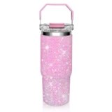 Bling Rhinestone Studded Tumbler with Top Handle, Bling Cups Stainless Steel Water Bottle Diamond Glitter Tumbler for Women – Birthday Gifts for Women, Mom,Get Well Soon Gifts (Pink)