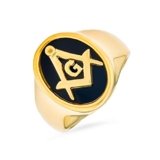 Bling Jewelry Anello Massonico da Uomo con Compasso Quadrato della Società Segreta, Ovale Nero, Placcato in Oro 14K in Acciaio Inossidabile