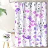 QiyI Watercolor Floral Shower Curtain, Flowers Leaves Spring Bathroom Curtain, Wildflowers Home Décor Machine Washable Bath Curtain, Purple Waterproof Fabric Shower Curtain Set with Hooks, 72×72