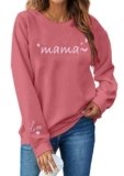 KIMSOONG Mama Embroidered Crewneck Sweatshirt Heart on Sleeve for Women Gifts for Mom Long Sleeve Shirt Mommy Tops Pink
