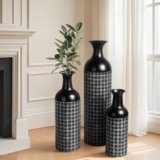 Tall Floor Vase Set of 3, Large Black Metal Vase with Minimalist White Lines & Detachable Vases Mouth, Big Modern Decorative Vases for Living Room,Hallway,Dining Rooms,Office,Kitchen.