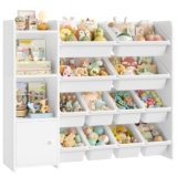 FOREHILL Porta Giochi Bambini, Organizer Giocattoli con 12 Scatole Contenitori, Scaffale Portagiochi Bambini con Scomparti Aperti, Mobile Porta Giochi, per Cameretta, 112,5x30x100cm, Bianco