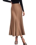 KIRUNDO Women Spring Summer Satin Maxi Skirt 2026 Trendy High Waisted Wedding Cocktail Party Work Silk A-Line Formal Skirts(Large, Coffee)
