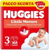 Huggies Little Movers, Pannolini Taglia 3 (4-9 Kg), Ultra assorbente, Design Disney, Pacco Scorta, 168 Pz