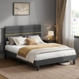 VASAGLE Struttura Letto Matrimoniale, Telaio Letto, per Materasso 140 x 200 cm, Testiera Imbottita Regolabile, Metallo e Legno, Moderno, Grigio Ardesia RMB504G01