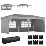Outsunny Gazebo 3×6 m Pieghevole Pop Up ad Altezza Regolabile, Gazebo Esterno con Strisce Riflettenti, Pareti Laterali, Sacchi di Sabbia, Borsa da Trasporto, UV50+, per Campeggio Feste, Grigio Chiaro