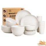 BUSOKIP Plates and Bowls Sets for 8, Unbreakable & Lightweight Wheat Straw Dinnerware Sets 32 PCS, Microwave Safe Dishes Set for 8, Dinner Plate, Kitchen Cups and Bowls for Outdoor- White