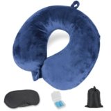 Cozary Cuscino da Viaggio Gonfiabile, Cuscino Viaggio, Inclusa Maschera per Dormir, Tappi Auricolari, Borsa per Trasporto, Portable, Démontable et lavable, Adatto per aerei, Treni, Uffici-Blu