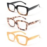 MMOWW 3 Pacco Occhiali da Lettura Oversize Square Frame Anti Luce Blu Occhiali Donna Rettangolari（Tartaruga nera gialla,+3.5