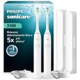Spazzolino elettrico sonico Philips Sonicare Serie 3000 – Sensore di pressione, 3 intensità, EasyStart, SmarTimer, autonomia 14 giorni, custodia, bianco, confezione da 2, HX4072/41, [Nuovo]