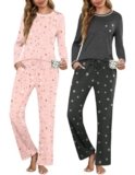 Marvmys Womens 2 Pack Pajama Sets Long Sleeve Pajamas Long Pants Pjs Print Lounge Sets Grey Star, Heart Print M