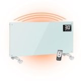 TRINITI Stufa Elettrica Basso Consumo Termostato, Potenza Regolabile, Elegante VETRO TEMPERATO, Display LED, Timer, Silenzioso, Sistema Protezione Sicurezza Multiplo, Ruote + Montaggio a Parete BIANCO