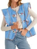 Tankaneo Womens Puffer Vest Ruffle Sleeveless Floral Patchwork Quilted Vest Wooden Toggle Padded Gilet Coats