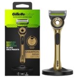 Gillette Labs Con Barra Integrata, Rasoio Barba Manuale, 1 Manico, 1 Lamette Gillette di Ricambio, Con Base Magnetica, Edizione Dei Campioni, Oro, Rasoio Barba e Lamette Di Ricambio