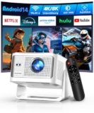 Alwtniet Proiettore Portatile 4K 8K [1080P Nativo e App Integrate] Mini Videoproiettore WiFi 6 Bluetooth 5.4 Android 14 Auto Keystone 6D/Auto Evita Ostacoli per Telefono, Smart TV, HDMI,USB HY350 Max