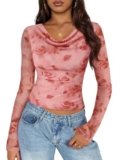 ZESICA Womens Floral Mesh Long Sleeve Tops 2026 Fall Cowl Neck Slim Fit Going Out Y2k Shirts Trendy Date Night Outfits,Pink,X-Large