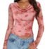 ZESICA Womens Floral Mesh Long Sleeve Tops 2026 Fall Cowl Neck Slim Fit Going Out Y2k Shirts Trendy Date Night Outfits,Pink,Large