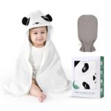UKMOT Hooded Baby Towel for Newborn – Viscose Derived from Bamboo, Toddler Bath Towel and Glove Set Perfect Shower Gifts for Boys and Girls, 28″x28″ Inch (Panda)