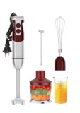MegaWise 5-in-1 Hand Blender Set with Variable Speed Control, 400W Immersion Blender – Includes Whisk, Milk Frother, Chopper, and Beaker for Smoothies, Soups, and Baby Food (RED)