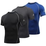 AMZSPORT Maglietta a Compressione da Uomo, a Maniche Corte, Funzionale, Cool Dry, per Allenamento e Corsa, Confezione da 3: Nero + Grigio + Blu, M