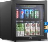 WIE Mini Frigo 36L con Compressore, Frigo Vetrina 55 Lattine, Temperatura Regolabile 4-16°C, Porta in Vetro, Silenzioso 43 dB, Classe E, LED, Porta Reversibile – Per Casa, Ufficio, Bar, Camper