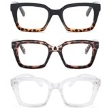 MMOWW Confezione da 3 Occhiali da Lettura Rettangolari – Oversized Square Frame Anti Luce Blu Occhiali donna uomo (Trasparente+tartaruga/nera+tartaruga, +1.5)