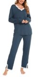 Lovasy Pigiama Donna Invernali Cotone Caldo a Maniche Lunghe con Scollo a V in Pizzo Sexy Lungo Pantaloni con Tasche S-XXL, Blu Pavone,L