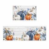 Fall Blue Pumpkin Kitchen Rugs 2Pcs Autumn Blue Orange Eucalyptus Leaves Thanksgiving Absorbent Non Slip Kitchen Mats and Rugs Wood Grain Kitchen Floor Mats for Sink Laundry 18x30in+18x60in