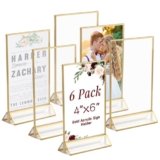 Ayuanb 4×6 Inch Acrylic Sign Holder with Gold Borders, 6 Pack Gold Picture Frames for Wedding, Double Sided Table Number Holders Menu Holders, Acrylic Stands for Display, Restaurant Signs