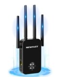 NEWFAST Ripetitore WiFi Potente per Casa, 1200Mbps WiFi Extender Dual Band 2.4GHz/5GHz con 4 Antenne ad Alto Guadagno, Porta Ethernet, WPS, Display Intelligente, Supporta 3 Modalità(Nero)