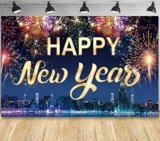 Famoby Happy New Year Fabric Sign Poster Banner Backdrop with Fireworks for New Year Photo Booth Background Party Decorations