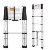 DEZEX 10.5 FT Aluminum Telescoping Ladders – One-Button Retraction Collapsible Extension Ladder for Home,RV,Attic & Loft, Lasts 330 LBS with Non-Slip Cushions