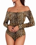 MANGOPOP Women’s Off The Shoulder Long Sleeve Bodysuit Sexy Backless Body Suit Tops Leopard M