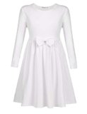 Arshiner Ragazze Abiti Cotone Bambini Manica Lunga con Fiocco Vestito Invernali Abiti Autunno A-Line Festive Collo Rotondo Abiti Casual di Base per Ragazze 11-12 Anni Bianco