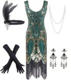 IWIWB Women’s Vintage 1920s Sequin Beaded Tassels Hem Flapper Dress w/accessories Set (X-Large, Style04-Gold&Green)