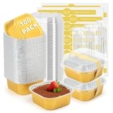 Ruckae 10oz 100 Pcs Square Mini Loaf Pans with Lids-Disposable Foil Dessert Containers,Mini Cake Pans with Lids,Aluminum Dessert Cups for Parties and Weddings (Gold, 10oz)