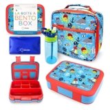 Bento Box with Insulated Lunch Bag, Ice Pack & Water Bottle Set for Kids – 5 Compartments Removable Tray Lunches or Snack Container Boys Toddlers Daycare Pre-School, Blue Pirates