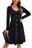 OUGES Womens Fall Long Sleeve Midi Dresses Button Down V Neck Skater Dress with Pockets 2025(Black,XL)