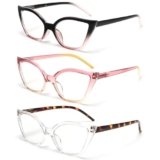 Kodilin 3 Pack Occhiali da Lettura Donna Anti Luce Blu Cat Eye Occhiali per PC con Cerniera a Molla, 2.5 Nerorosa, rosa trasparente