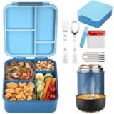 Geltais Bento Lunch Box Set for Kids with 17oz Soup Thermo, Lunch Box with Folding Fork & Spoon, Leakproof Lunch Food Containers with 4 Compartment for School, Office, Travel and Park Pinic