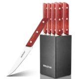 WELLSTAR 8-Piece Steak Knife Set with Wood Block – 4.75″ Serrated Blades, Razor-Sharp Japanese Stainless Steel, Full Tang Pakkawood Handles – Compact, Space-Saving Design, Dishwasher Safe
