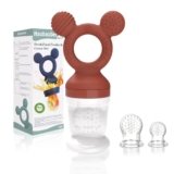 HAOBAOBEI Baby Fruit Feeder, Frozen Teething Toys for Babies, Teether Pacifier with 3 Extra Teats, Eating Essentials, BPA Free Baby Feeding Supplies (Copper)