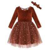Weixinbuy Baby Girls Dresses Long Sleeve Tulle Velvet Twirl Fall Dresses for Baby Girls Toddler Baby Girl Fall Winter Clothes Burnt Orange