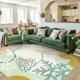 PureCozy 5×7 Green Washable Area Rugs for Living Room Non Slip Indoor Cute Soft Throw Low Pile Kids Nursery Rug Thin Coral Print Carpet for Office College Dorm Laundry Dining Room Bedroom