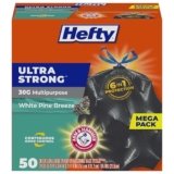 Hefty Ultra Strong 30 Gallon Trash Bags, Large Trash Bags 30 Gallon Size, Multipurpose, Break Resistant Drawstring Closure, Resists Leaks, Punctures, and Tears, Black, White Pine Breeze Scent, 50 Bags