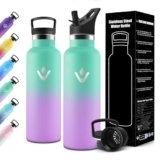 Motswedi Borraccia Termica 750ml, Doppia Parete, Bottiglia Termica, a Prova di Perdite, Borraccia con Cannuccia, Acciaio Inox, Borracce Termiche, per Campeggio, Palestra, Verde & Viola